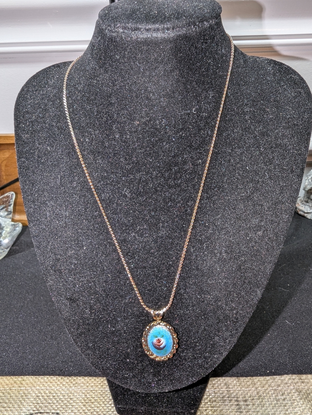 Rose Motif Blue Oval Pendant Necklace - Women's Jewelry